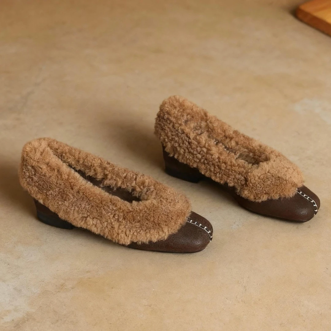 HUSSLOVE 牛反绒+羊羔毛·跟高5CM·百搭气质磨砂保暖毛毛小单鞋