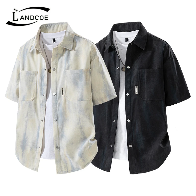 LANDCOE港风扎染休闲短袖衬衫男款夏季潮牌薄款痞帅渐变小众衬衣