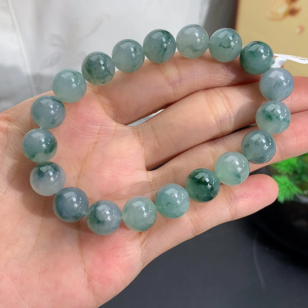 翡翠未镶嵌手串卡10胶润飘绿花手串