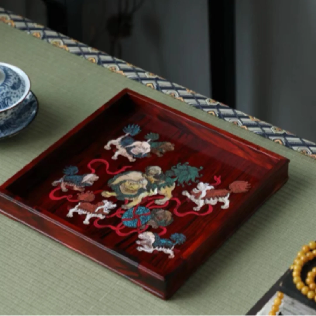 印度小叶紫檀九狮普尔茶盘