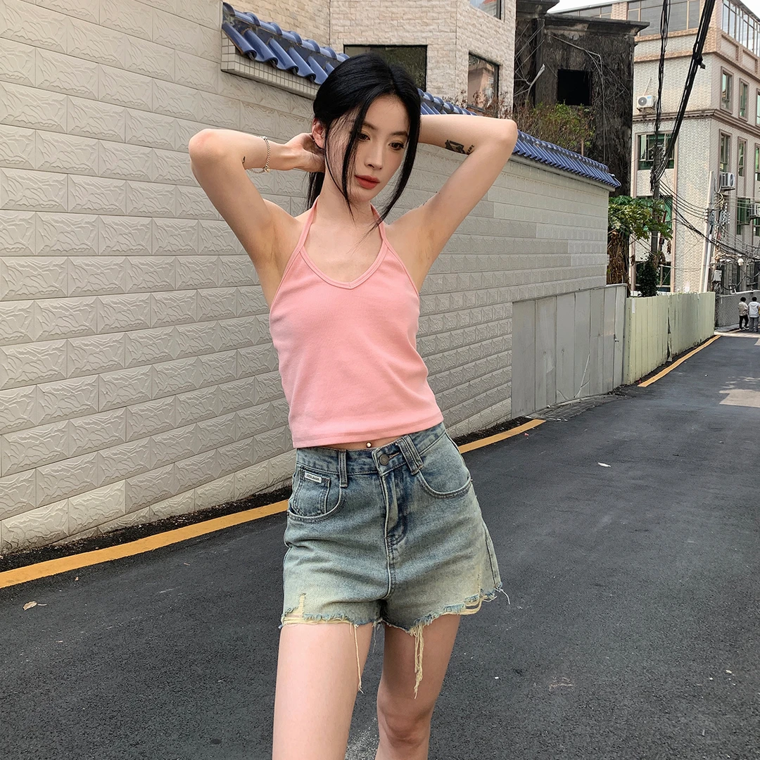 【吵吵家】粉色挂脖背心夏季女修身简约上衣44515