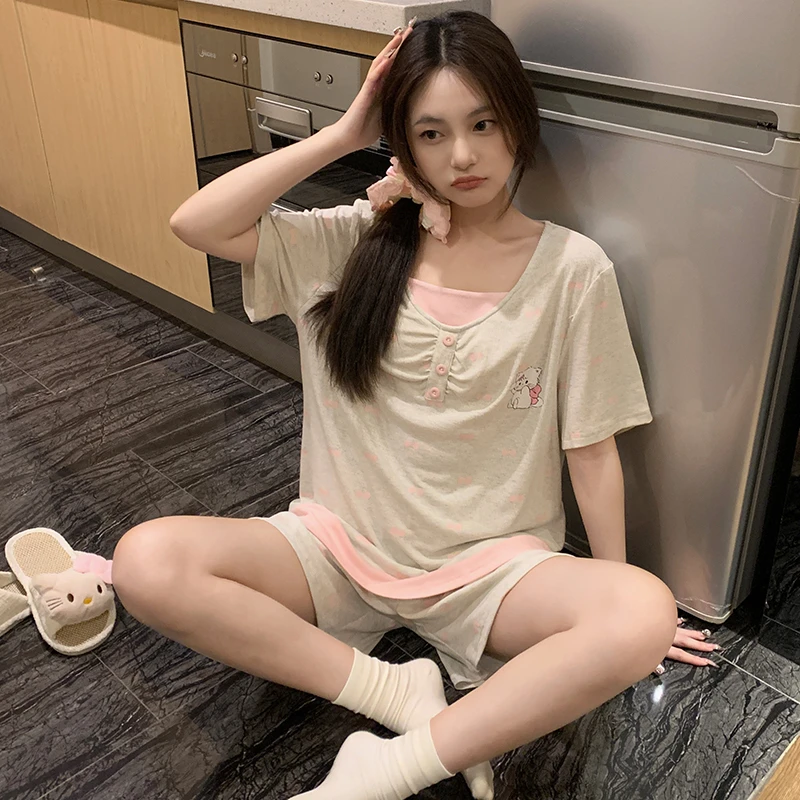 夏季韩版莫代尔短袖短裤撞色拼接卡通睡衣女套装甜美学院风ins女