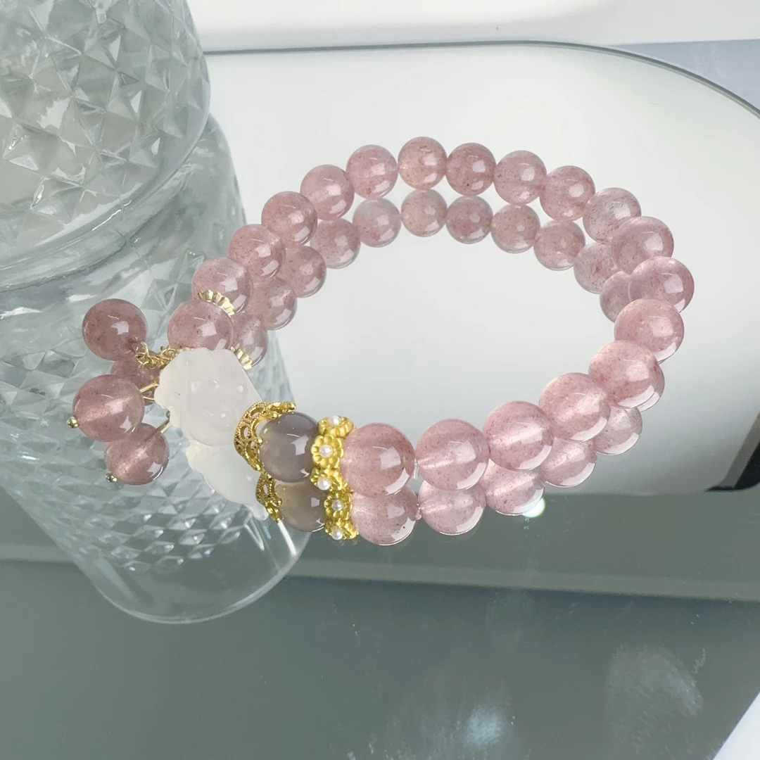 【天然草莓晶】天然水晶草莓晶粉水晶白水晶招财狐狸时尚手串