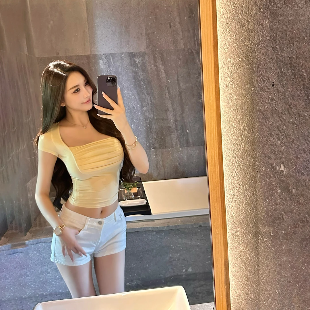 SX善纯色性感紧身方领抽皱针织抹胸短袖T恤女夏收腰修身打底上衣