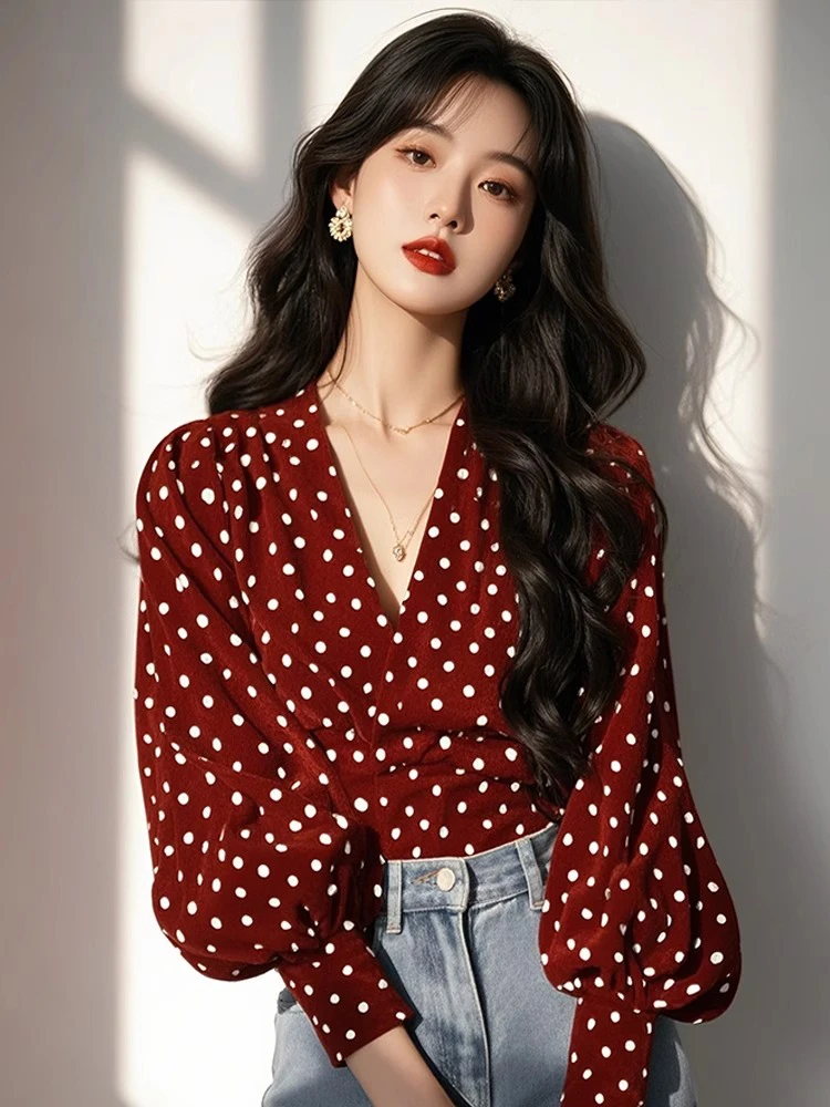 红色波点长袖衬衫女2025春秋季新款法式复古港风气质减龄上衣