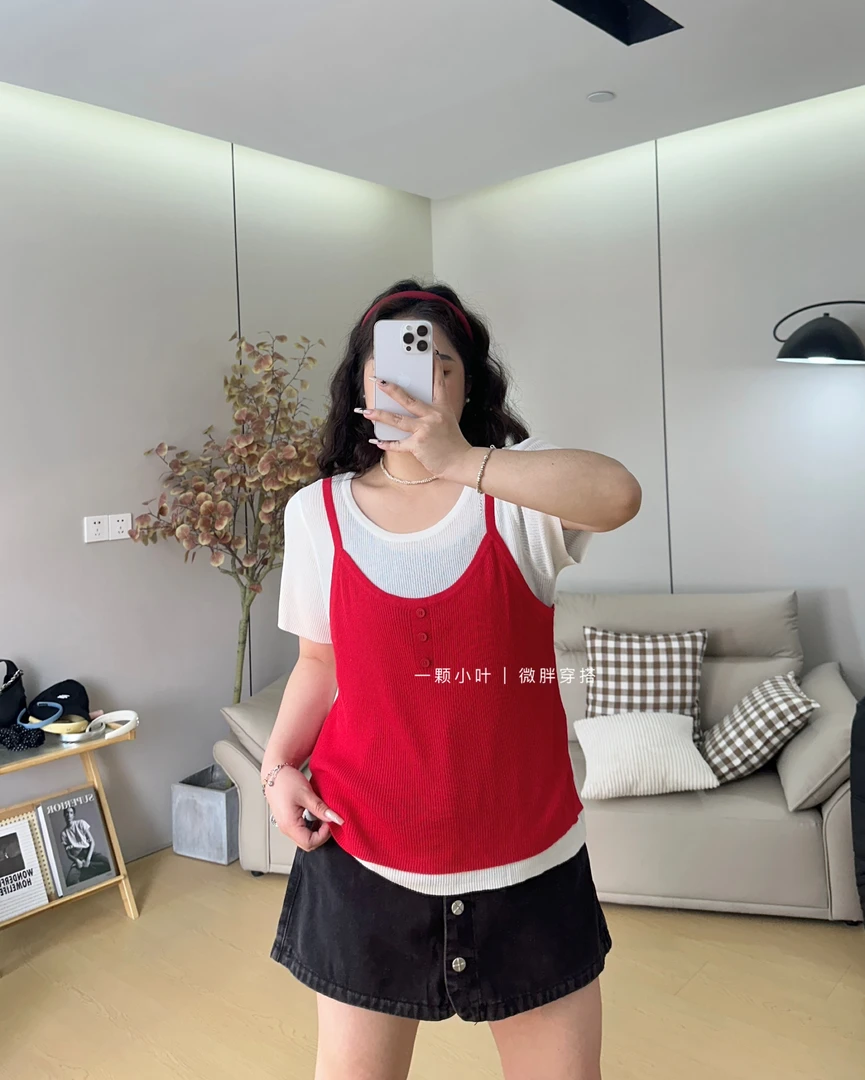 【一颗小叶】夏季大码假两件冰丝针织短袖宽松显瘦大版型T恤