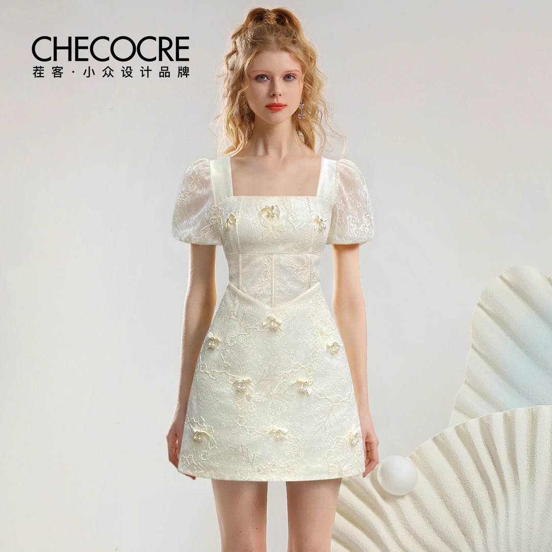 茬客法式气质显瘦连衣裙夏新款名媛轻奢蕾丝亮片小短裙CM710008