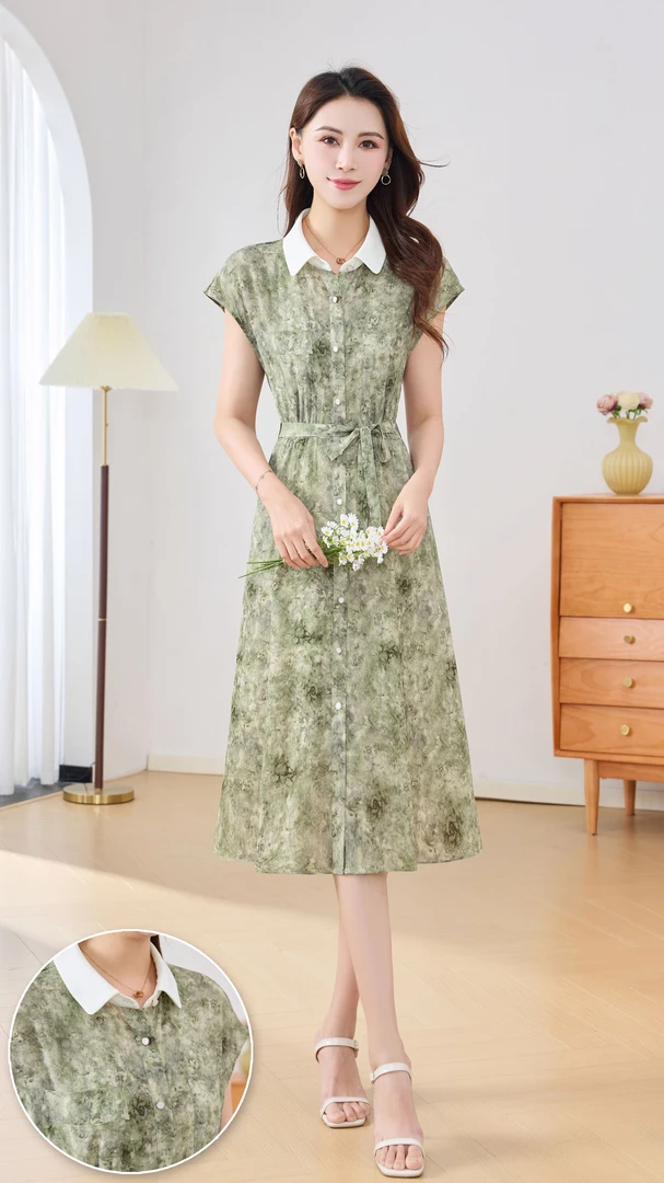 X0609 夏装娃娃领复古夏季清新显瘦蓝裙连衣裙女装裙子