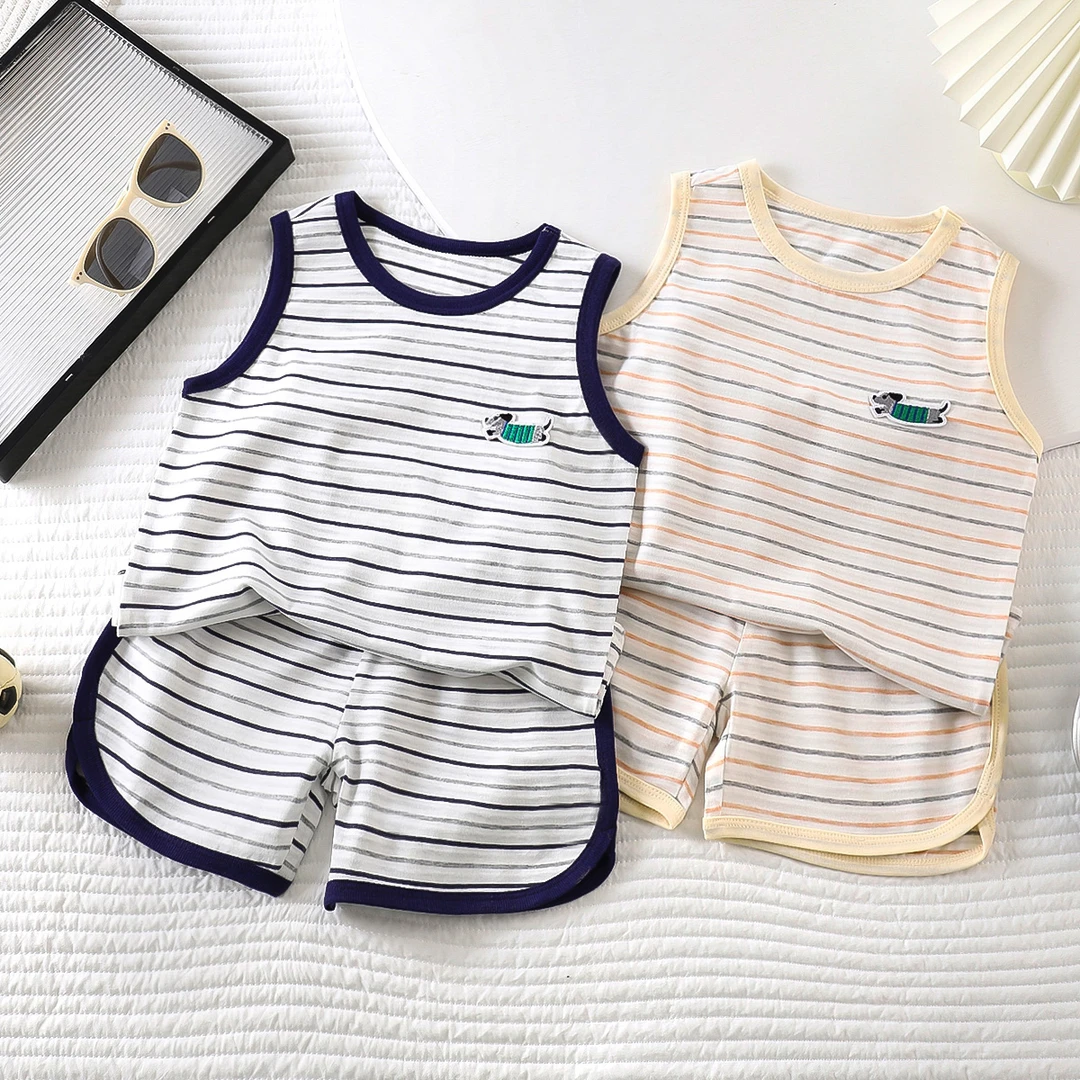儿童纯棉背心套装男女童夏季薄款条纹无袖短裤两件套小童休闲衣服