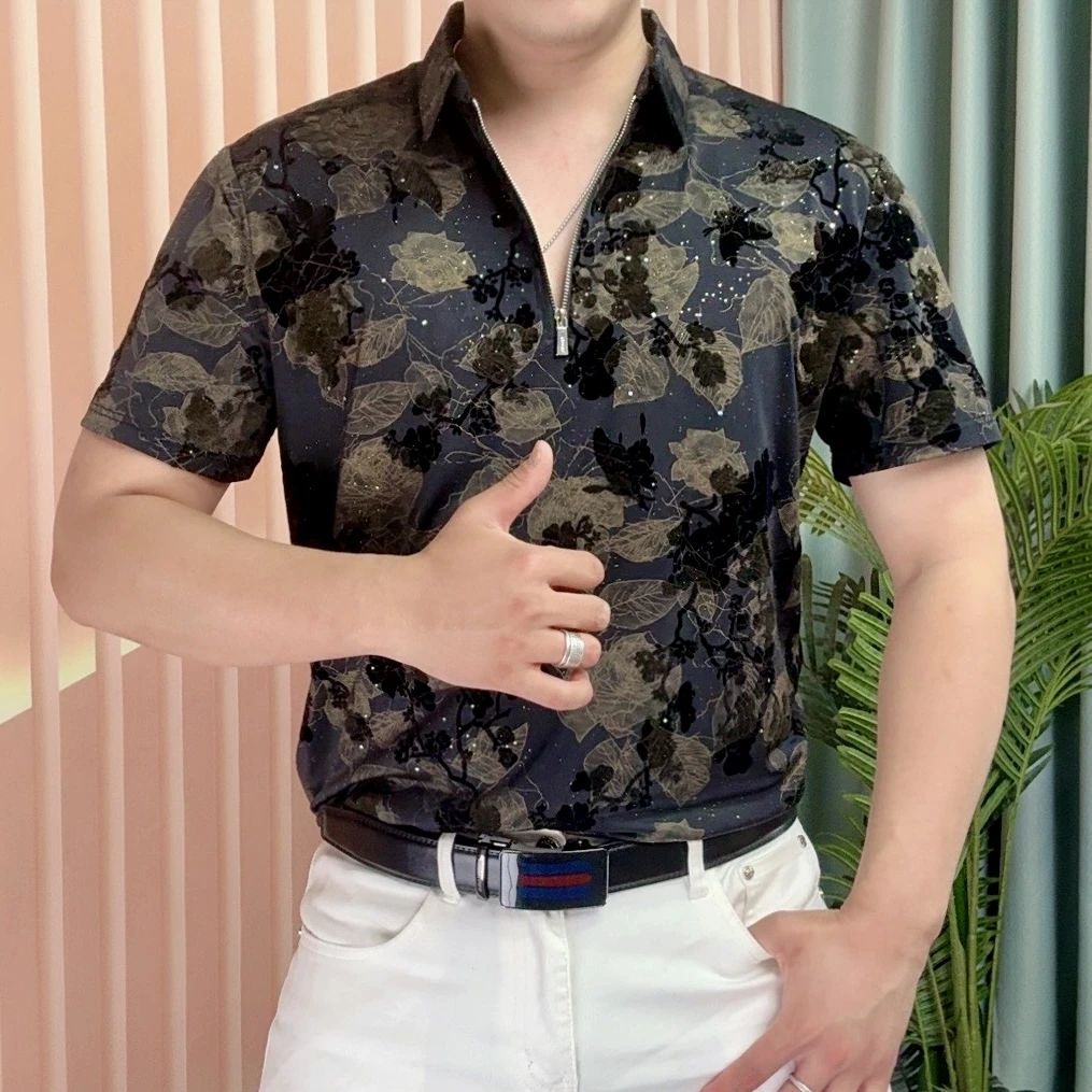 夏季新款欧货植绒烧花Polo衫迷彩短袖薄款时尚潮流百搭修身男士