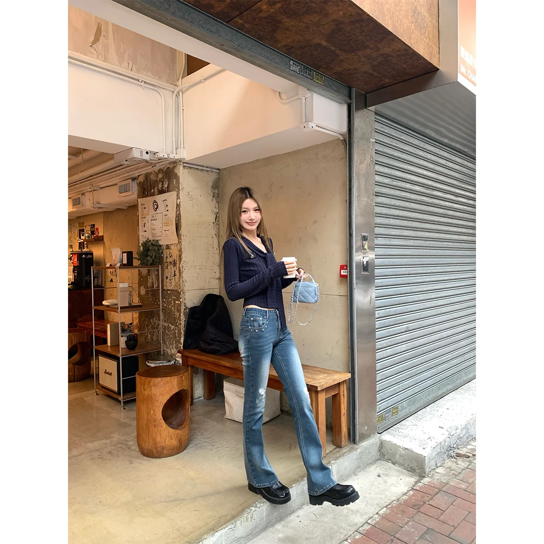 ffcheer Punk辣妹 铆钉微喇牛仔裤子女 美式复古低腰修身显瘦破洞