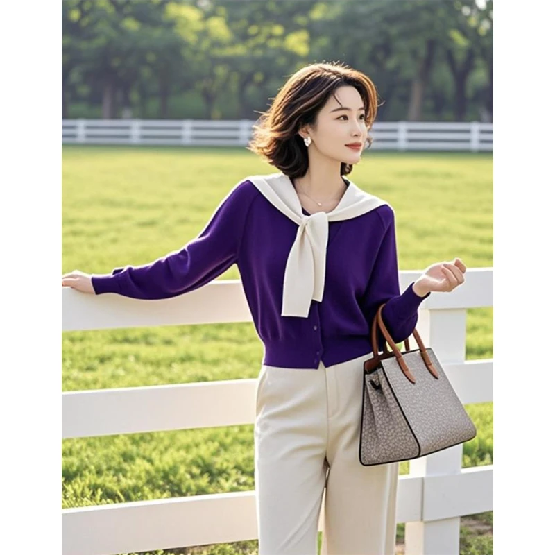 气质披肩慵懒感小众紫色毛衣2025女撞色针织衫开春设计感上衣