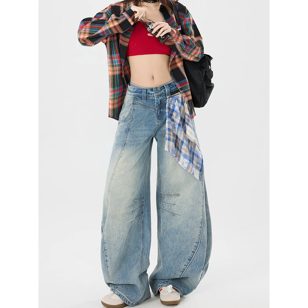 美式复古水洗做旧弯刀牛仔裤女秋季新款宽松显瘦直筒阔腿拖地长裤