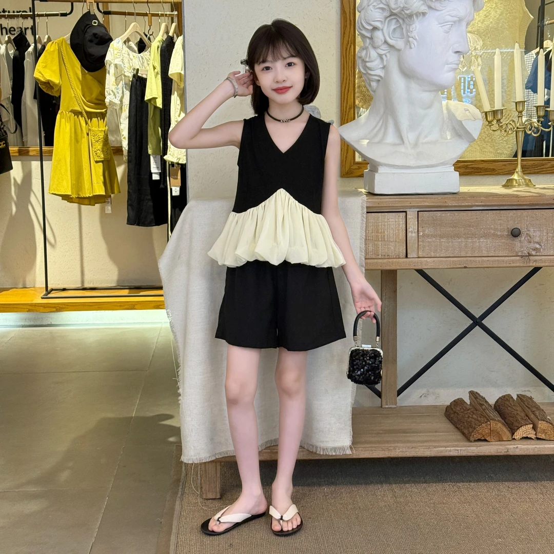 2025法式下摆花苞背心拼接弹力冰沙短裤套装女童夏季v领娃娃衫潮