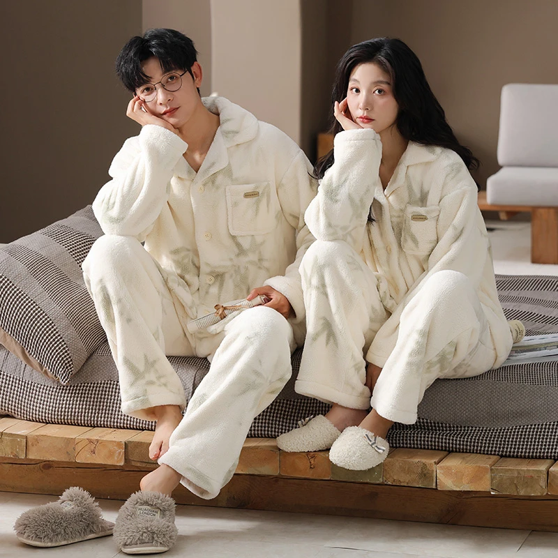 秋冬季新款情侣睡衣法兰绒保暖厚款长袖长裤开衫家居服套装可外穿