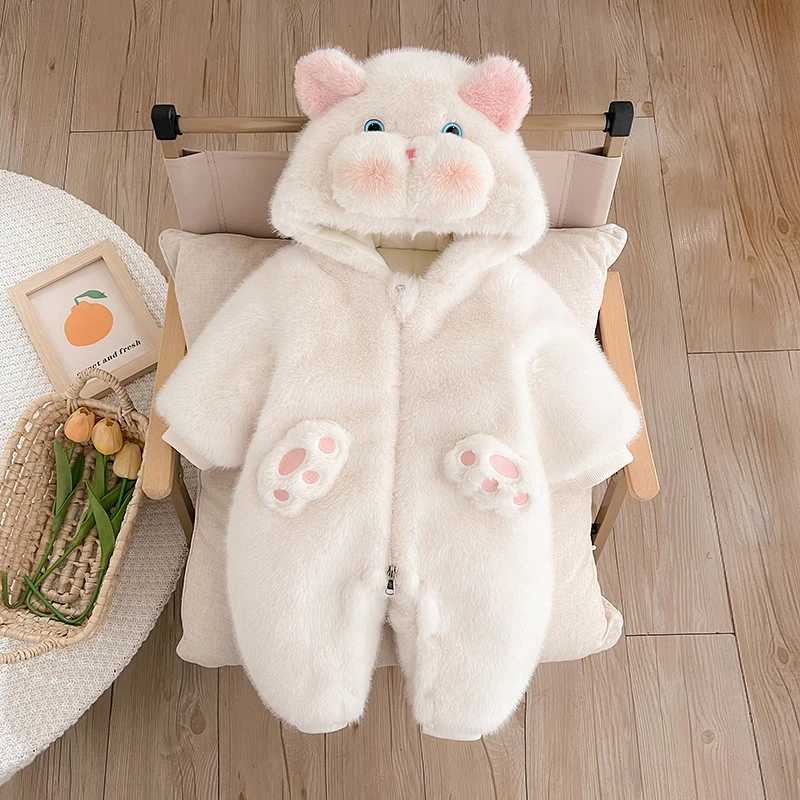 巴啦巴啦0-6个月婴儿冬装爬服加厚连帽宝宝连身衣冬季卡通毛绒爬