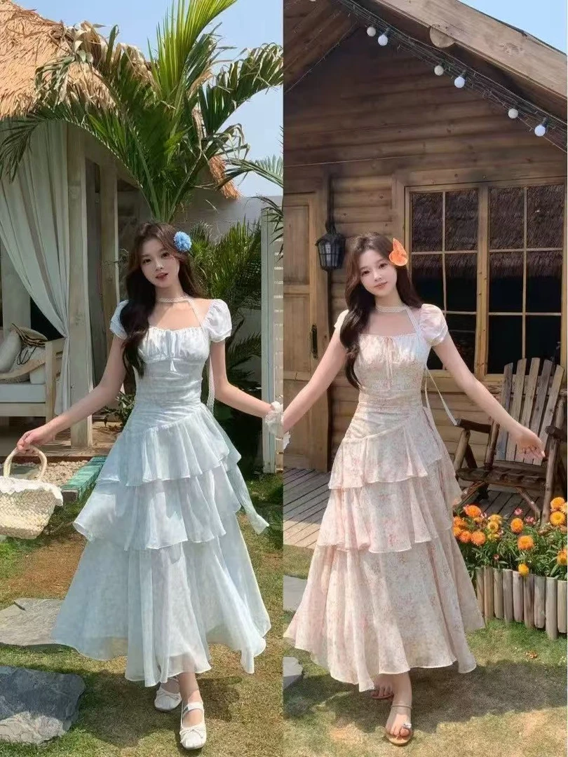 法式温柔风连衣裙女装夏季时尚不规则碎花裙收腰显瘦裙子