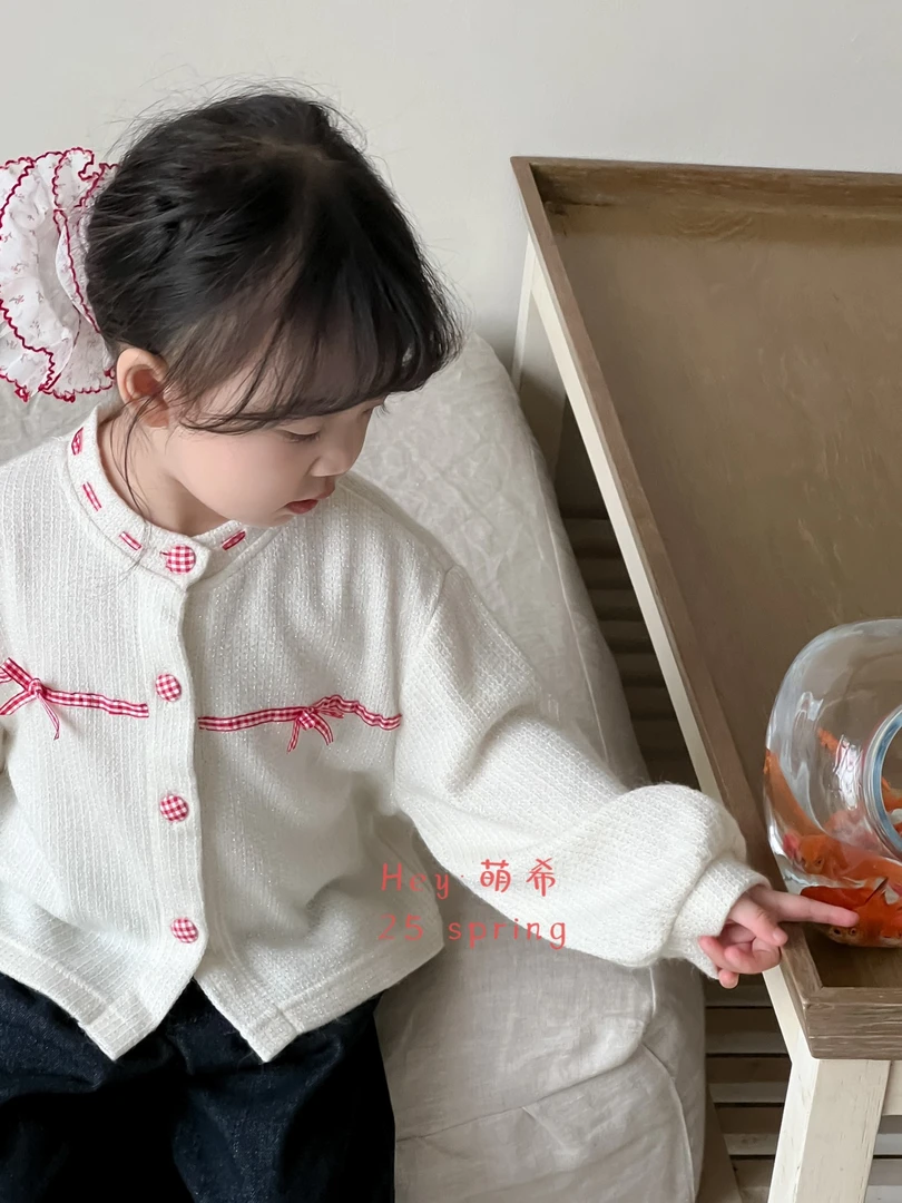 【萌希】蝴蝶结红格子丝带系扣子韩版上衣