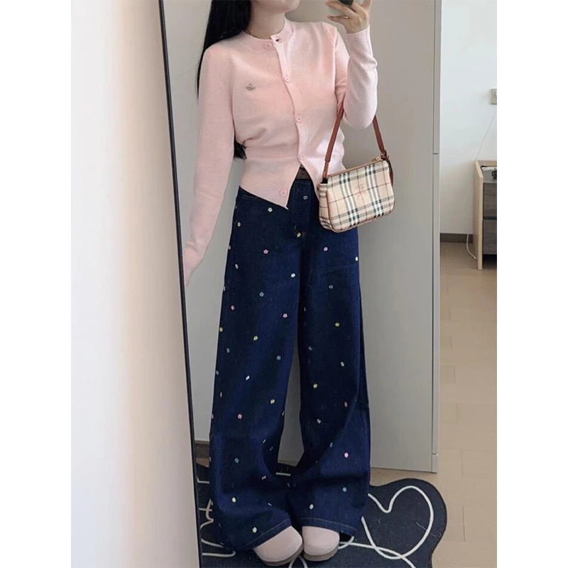 2-300斤胖mm大码女装深蓝色小碎花春季新款宽松显瘦牛仔直筒裤子
