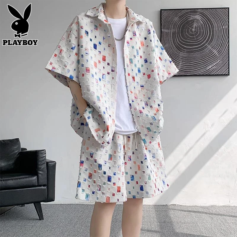 花花公子夏季休闲运动套装潮牌格子翻领短袖衬衫宽松短裤两件套男