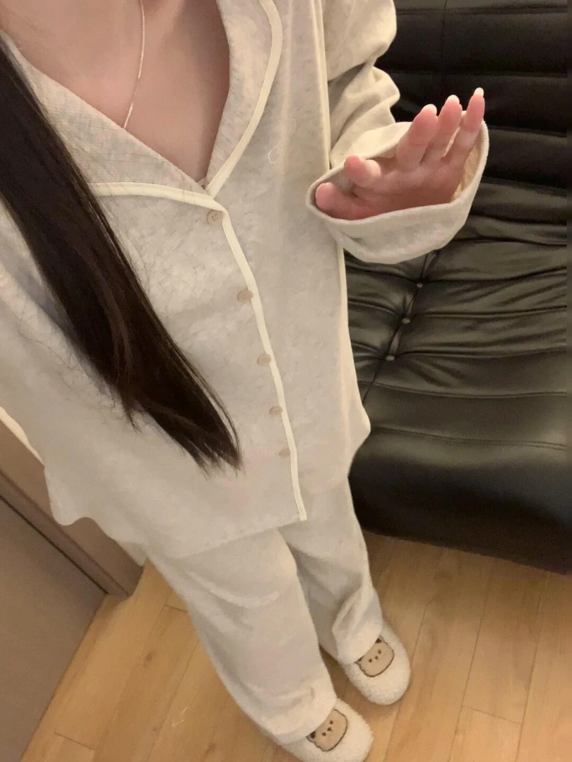 韩版简约长袖长裤睡衣套装春秋季休闲舒适外穿简约家居服套装