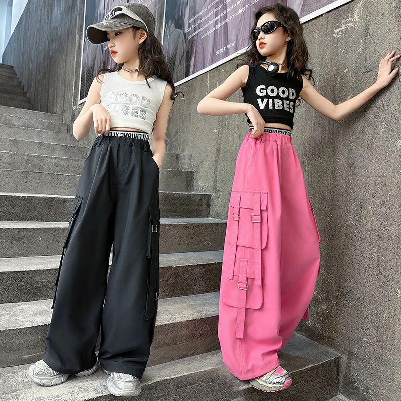 女童套装爵士舞服2025夏季新款中大童工装裤背心两件套装炸街女孩