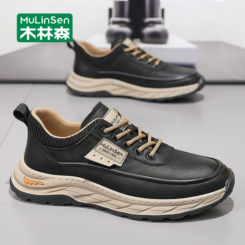 木林森运动鞋男款2025新款秋季休闲透气休闲男士皮面黑色老爹鞋