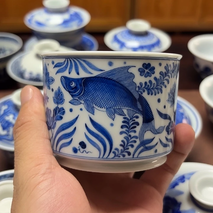 景德镇手绘鱼藻直口杯