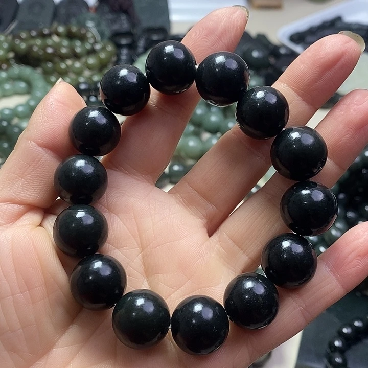 和田玉未镶嵌手链和田黑青玉卡16圆珠手串