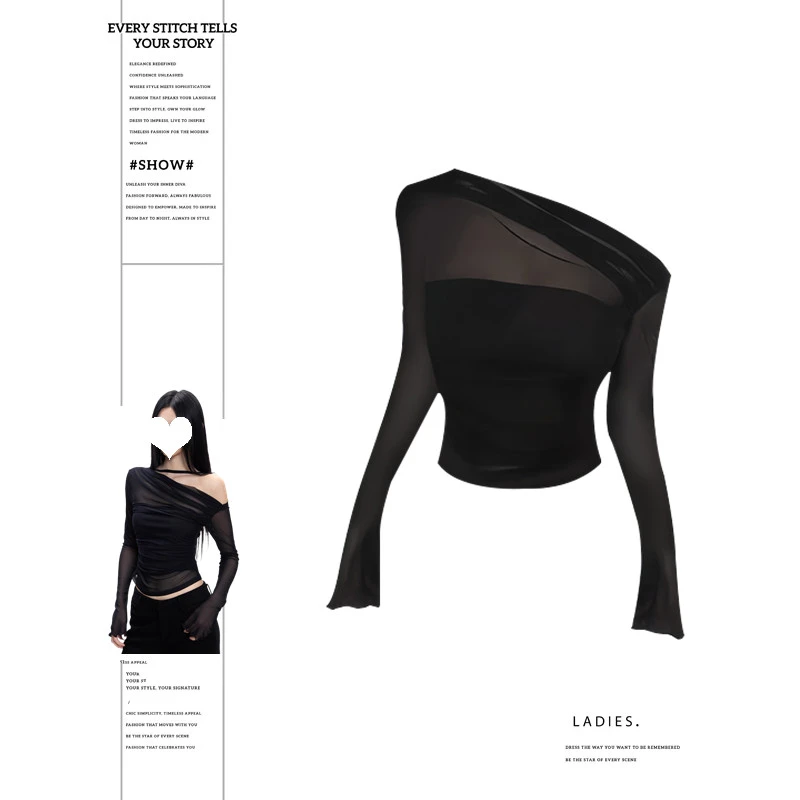 大码胖mm辣妹风斜肩网纱黑色上衣早秋新款修身显瘦短款长袖T恤女