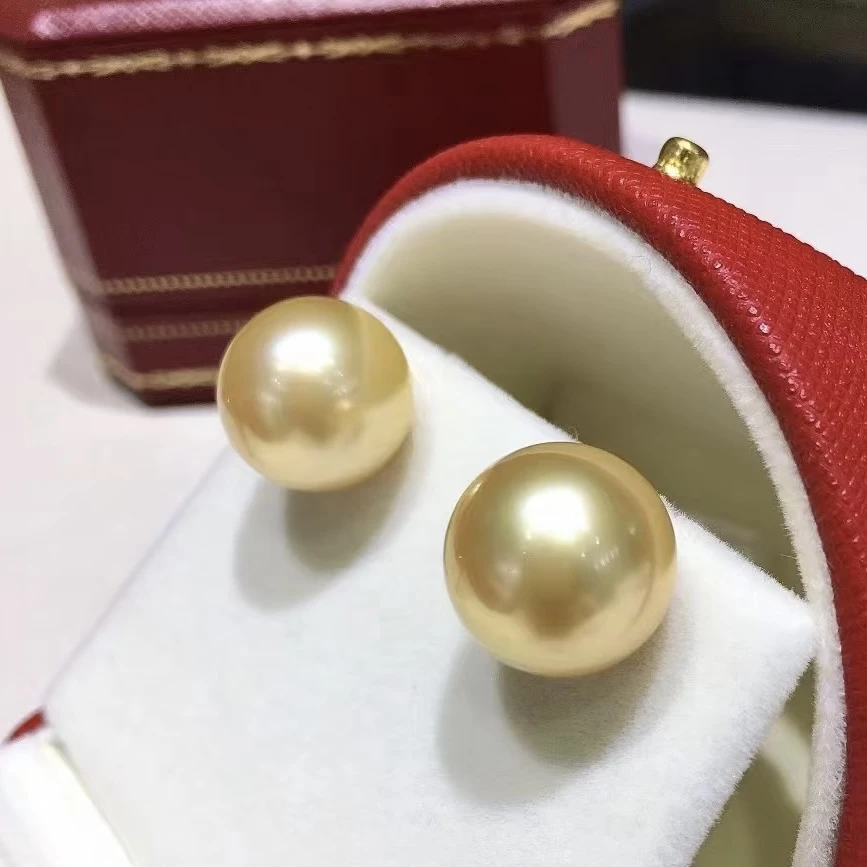 海水南洋金珠耳钉 18k金 正圆极强光10-11mm
