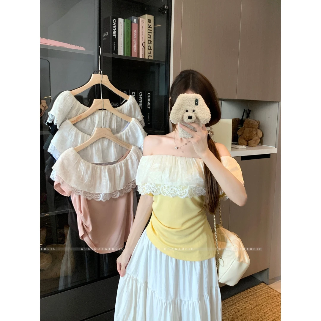 大码女装一字肩蕾丝拼接短袖T恤夏季微胖mm修身设计感露肩上衣潮