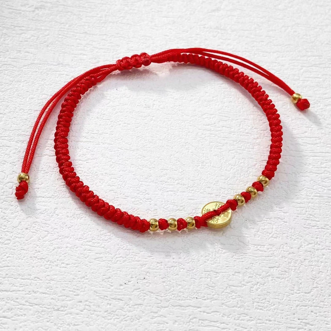 钛钢手链 木木（ZF2213） 平安喜乐钱钱编制红绳抽拉手链