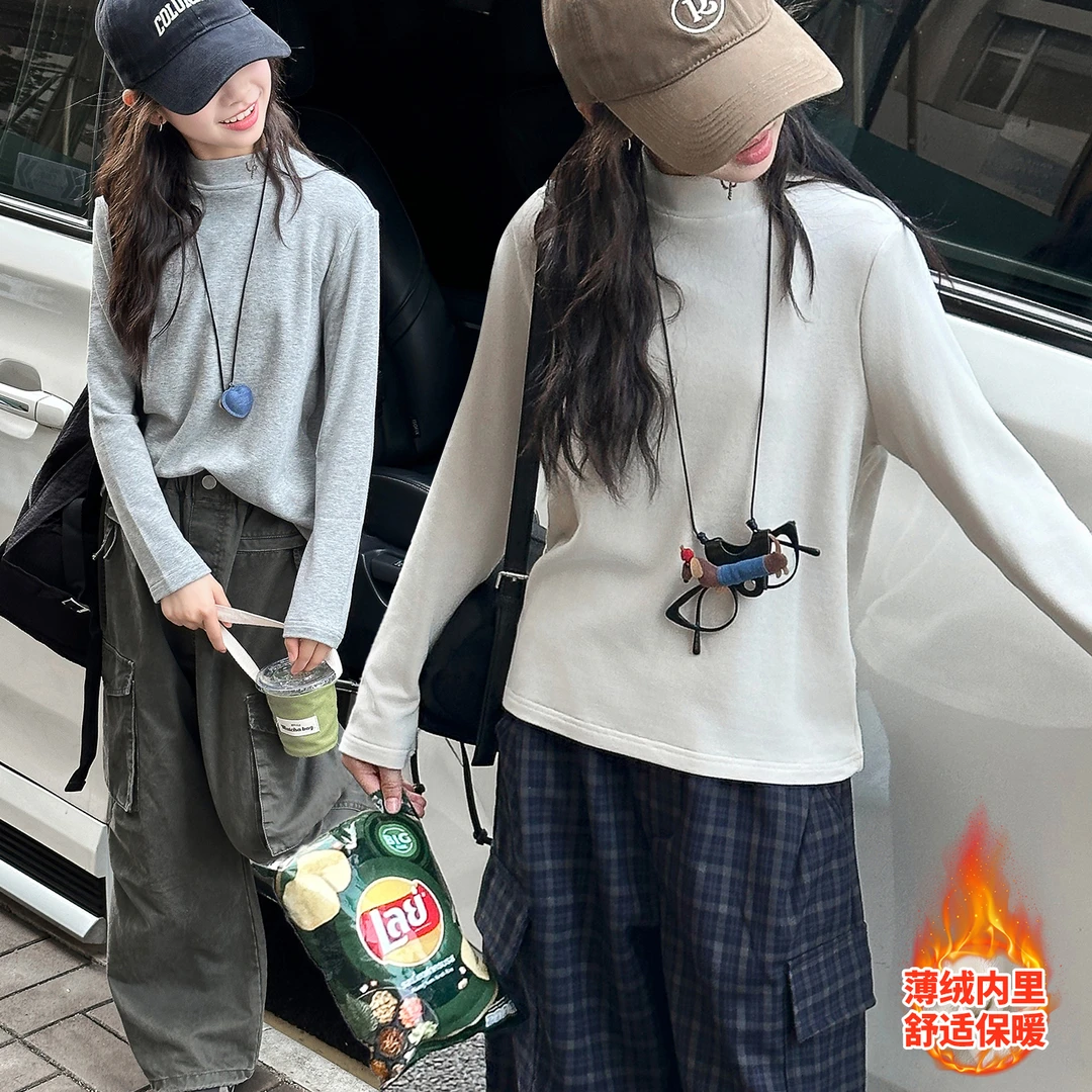 女大童冬装打底衫加厚一体绒上衣洋气青少年初高中生内搭保暖卫衣