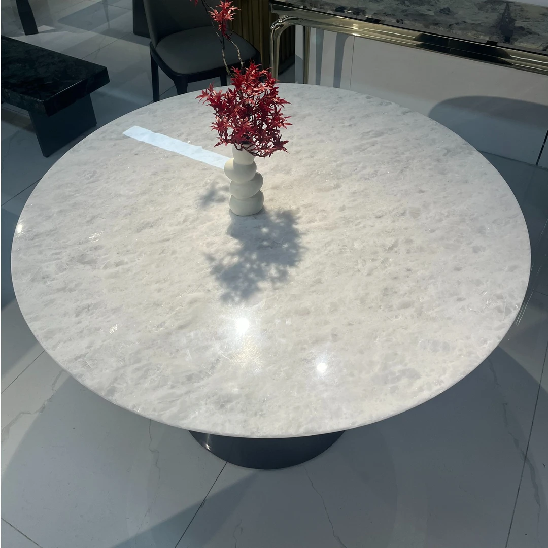 天然水晶白大理石餐桌高级感极简圆桌桌子真奢石餐桌高端进口别墅