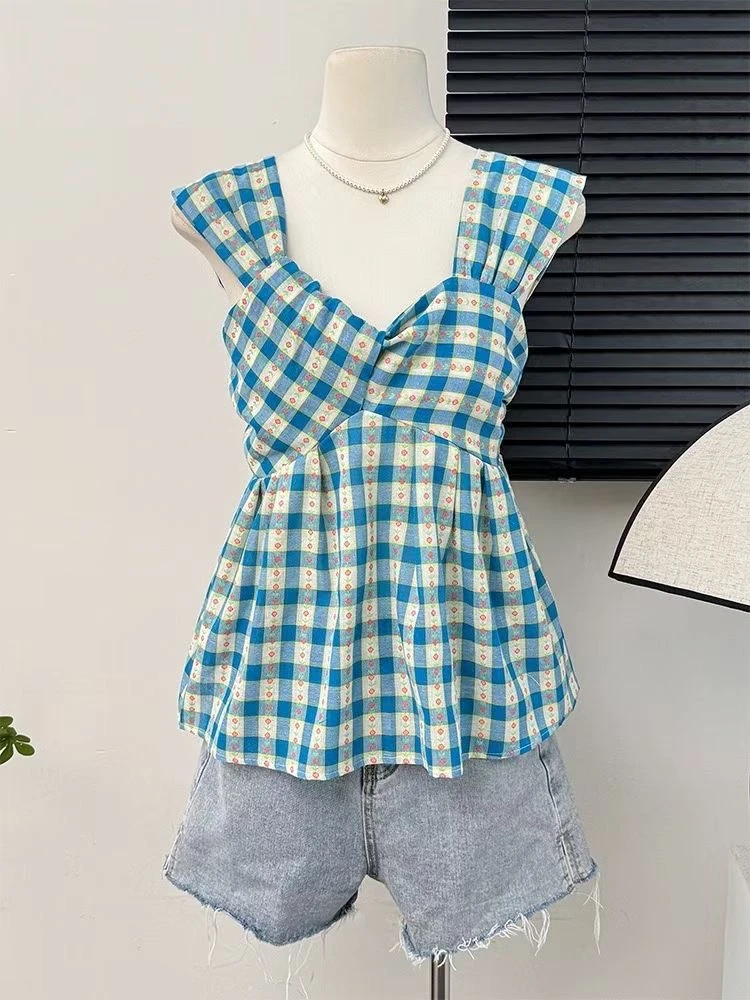 《现货现发》蓝色格子法式独特小上衣2025年夏季新款复古感格子衬衫