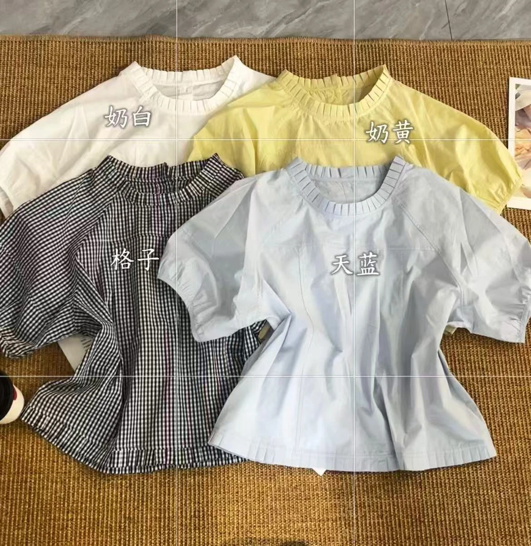 短袖圆领设计感衬衫女2025春夏新款压褶百搭气质上衣