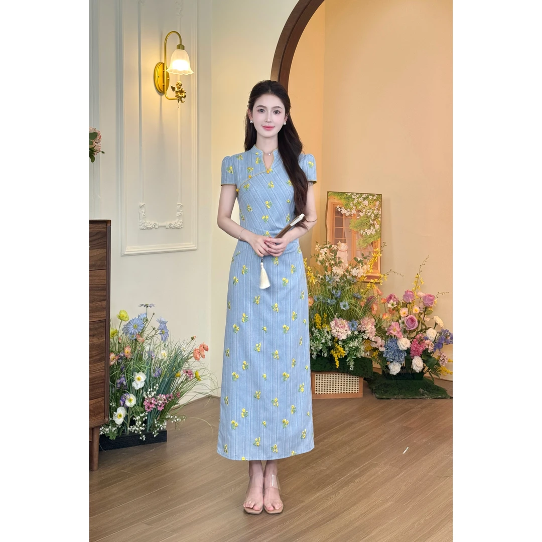 【拾花令】LiLi新中式清冷国风刺绣绣花蓝色连衣裙XMZH8412