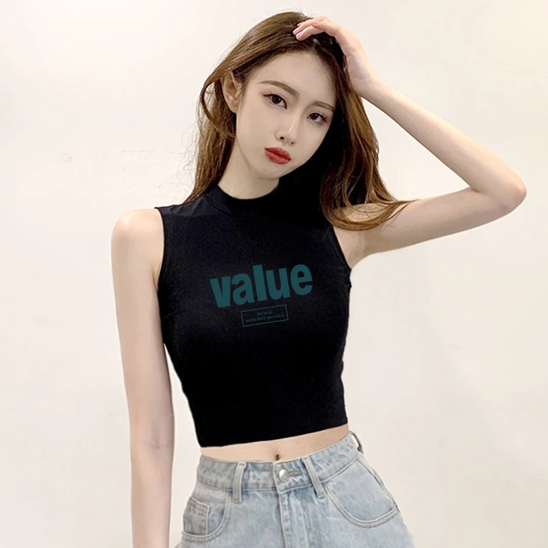 修身型极简风背心吊带白色无袖百搭修身外穿in韩版夏季印花女上衣