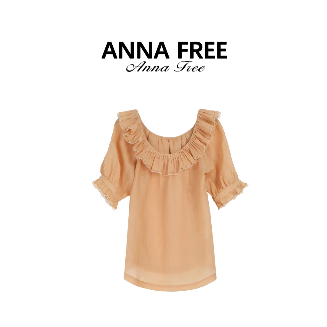 ANNA FREE 100苎麻度假感泡泡纱衬衫蕾丝灯笼袖上衣ZCT25546