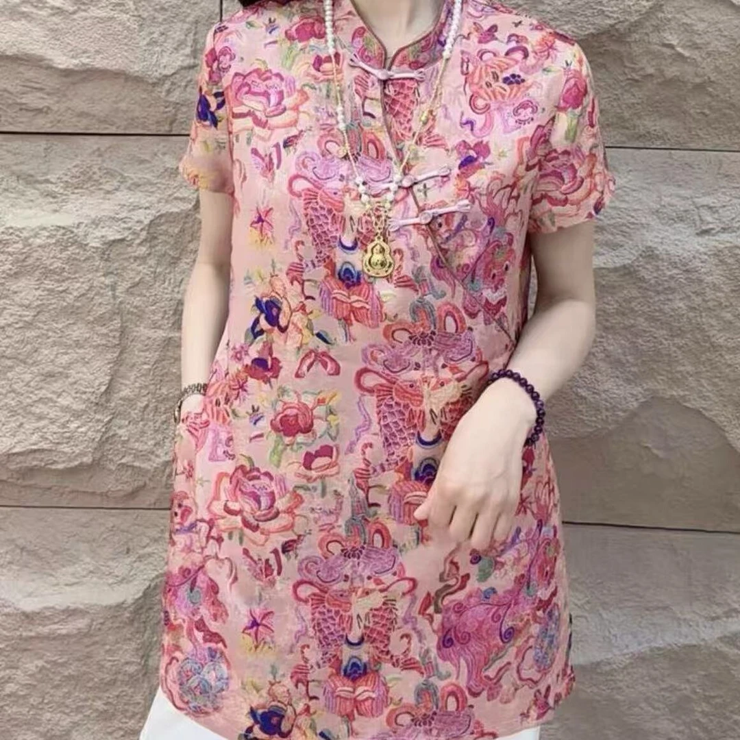 新中式国风立领盘扣小衫2025新款妈妈气质短袖斜开襟时尚提花上衣