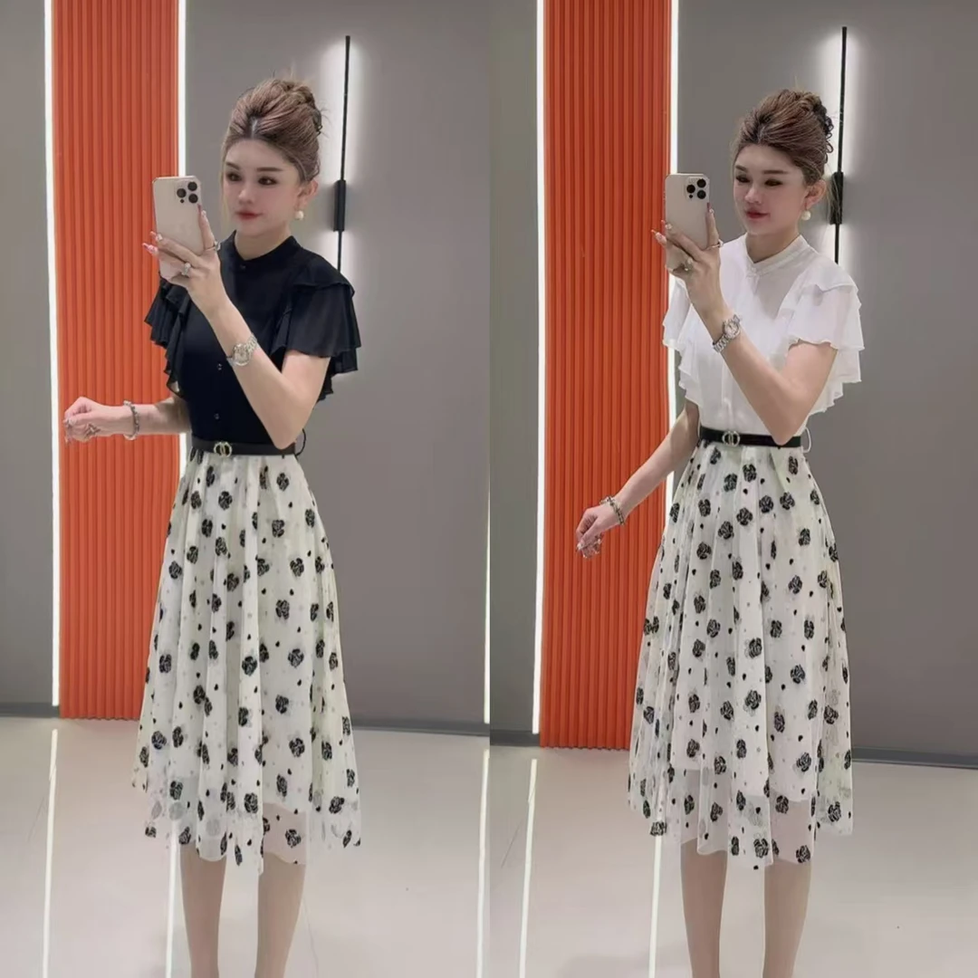 8228 春季款网纱拼接堆叠设计拼接立体小碎花短袖收腰连衣裙