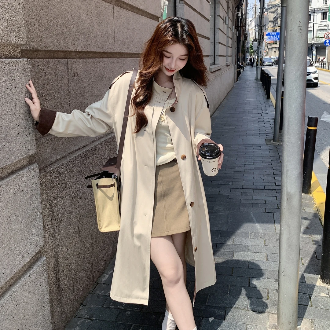 韩系慵懒风风衣女秋季高质感显瘦立领小个子中长款英伦赫本风外套