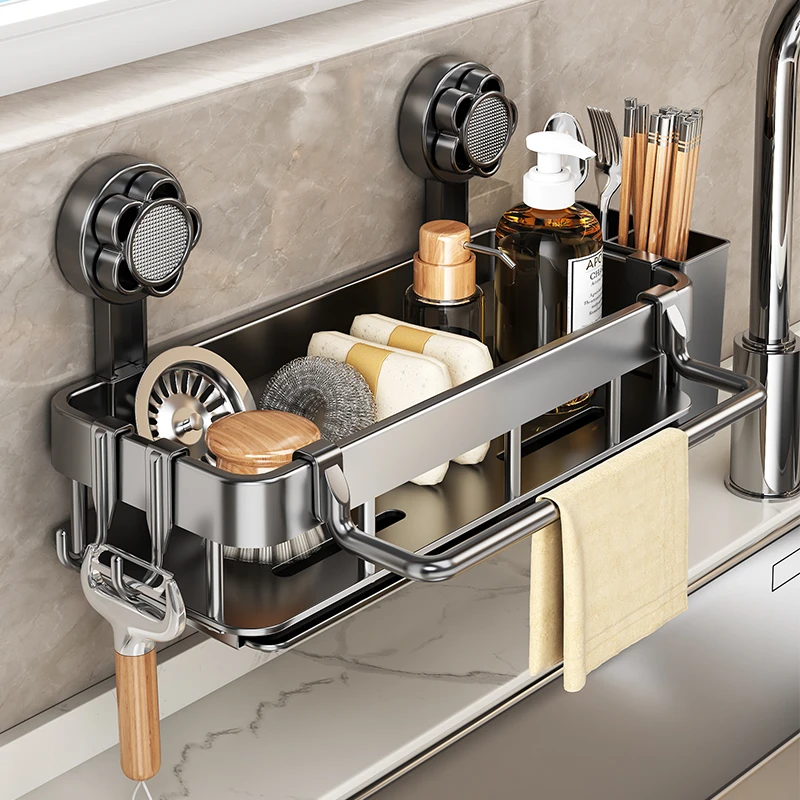 厨房抹布架沥水架吸盘免打孔多功能置物架壁挂式家用水槽收纳架子