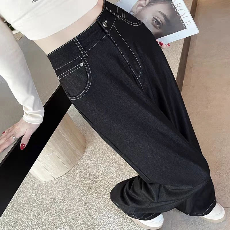 复古黑金色牛仔裤女夏季百搭高腰显瘦宽松直筒阔腿垂感裤时尚