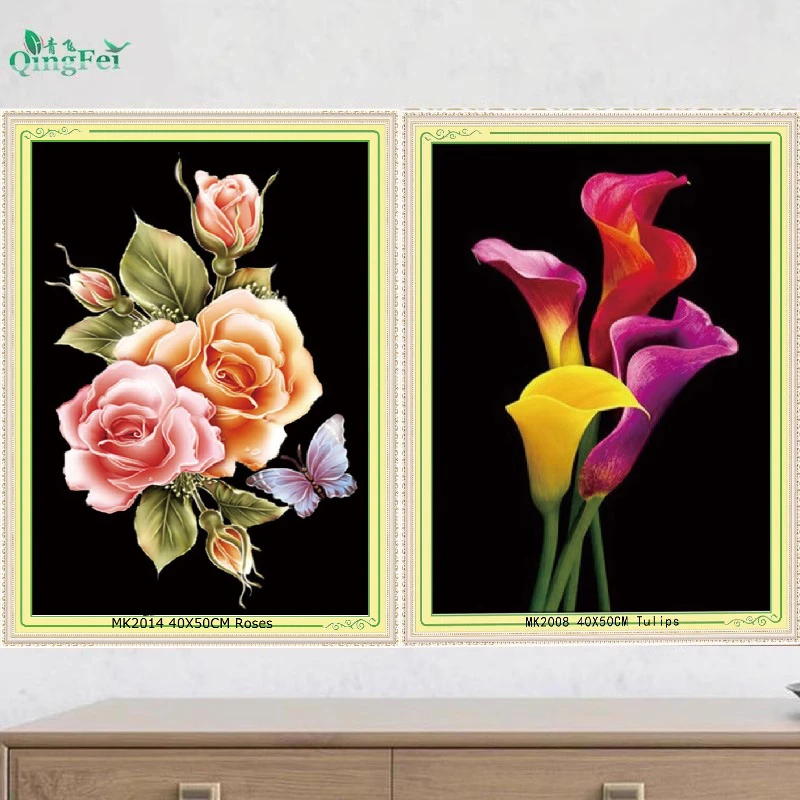 青飞精准印布玫瑰郁金香十字绣植物花卉满绣DIY手工制作