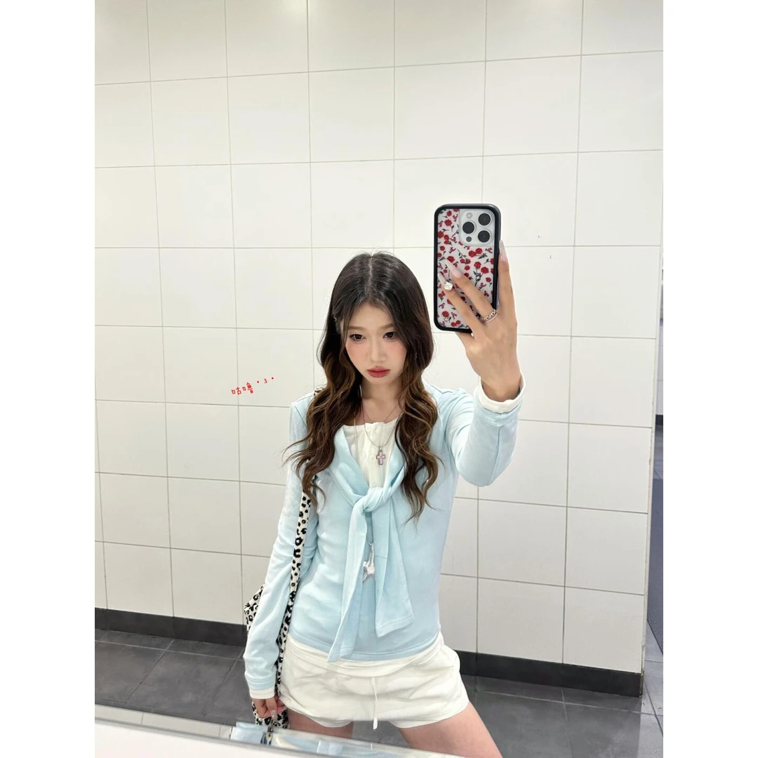 韩系chic时尚假两件系带长袖T恤女春秋季小个子甜美修身针织上衣