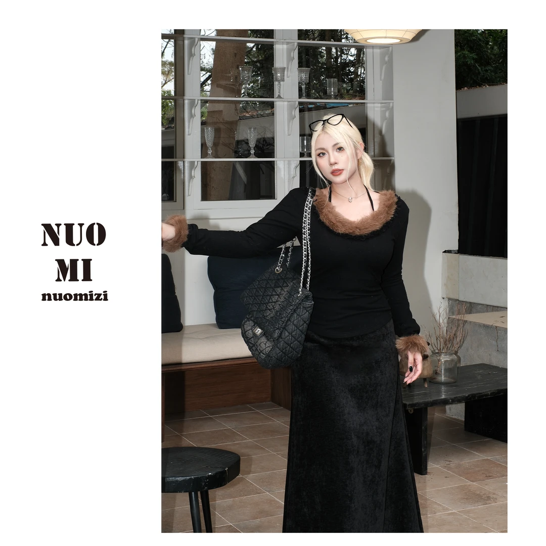 ZOZ糯米子[气质小女人]秋冬气质长袖上衣毛毛V领内搭显瘦打底T恤