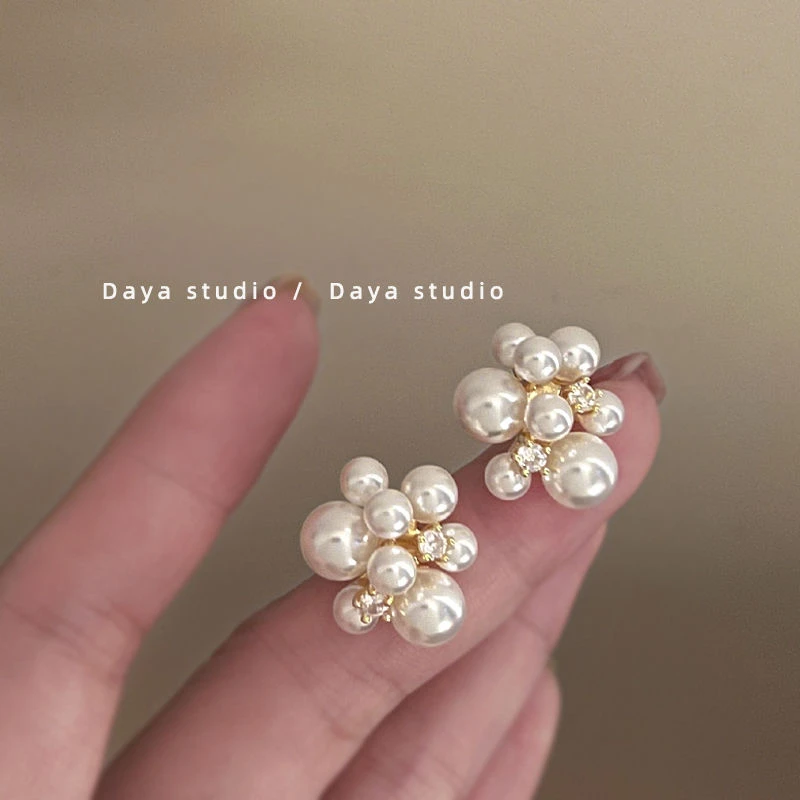 合金耳饰 「我在耳朵上放烟花」耳钉精致法式复古珠珠锆石耳环气质