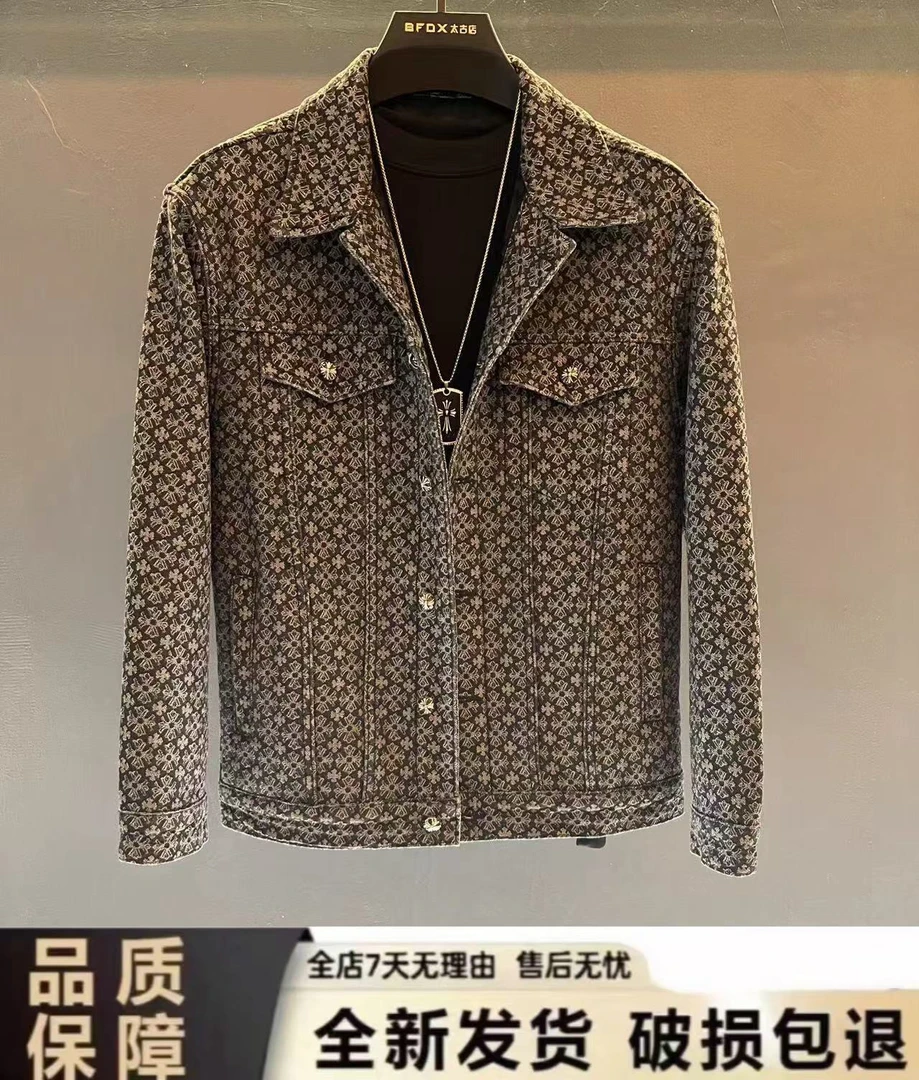 【男装潮品会】B524款冬季新款黑色提花轻奢加绒加厚牛仔外套